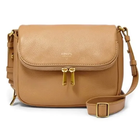 Fossil Leather Preston Small Flap Crossbody Handbag Tan Latte Khaki - Picture 1 of 9